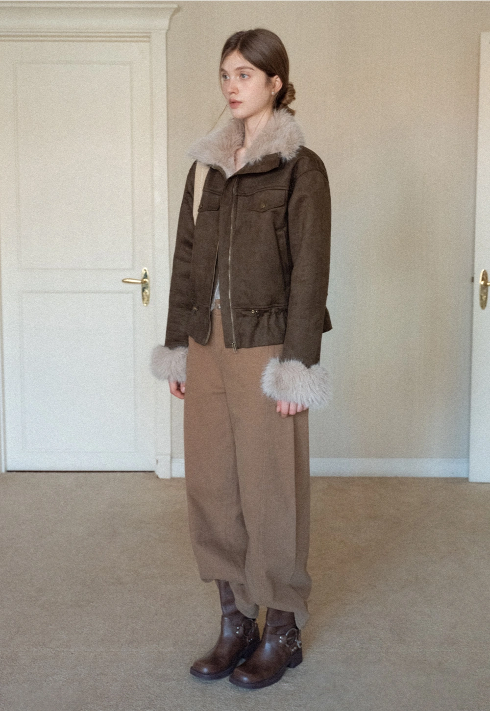 Women Faux Suede Fur Trim Short Winter Jacket