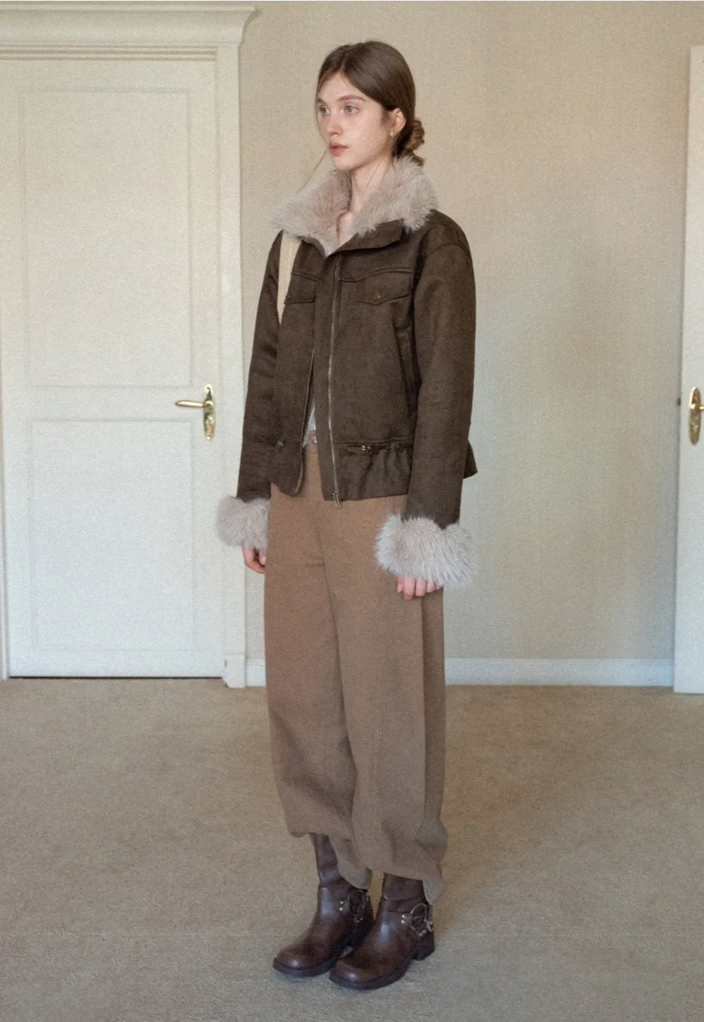 Women Faux Suede Fur Trim Short Winter Jacket