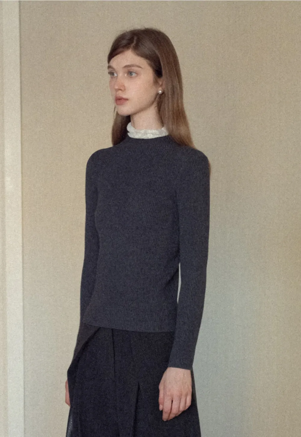 Womens Ribbed Mock Neck Top with Lace Buttons