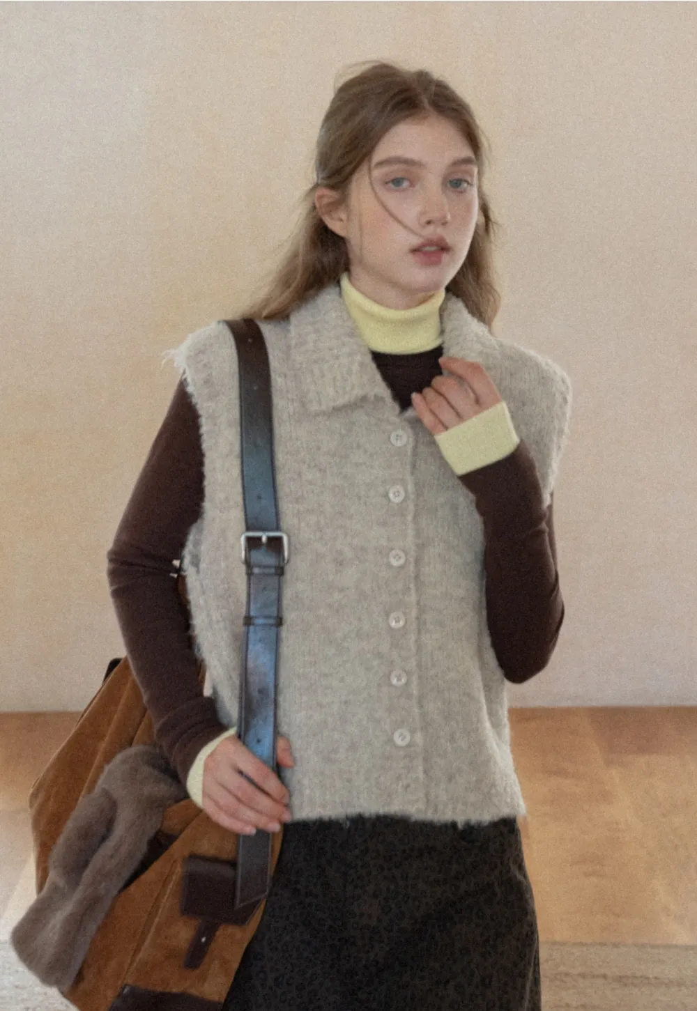 Casual Brown Turtleneck Sweater with Yellow Cuffs