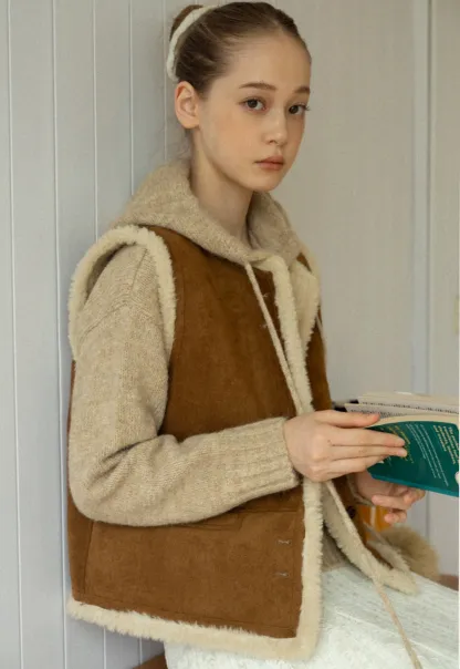 Women Brown Suede Shearling Vest with Warm Fleece Lining