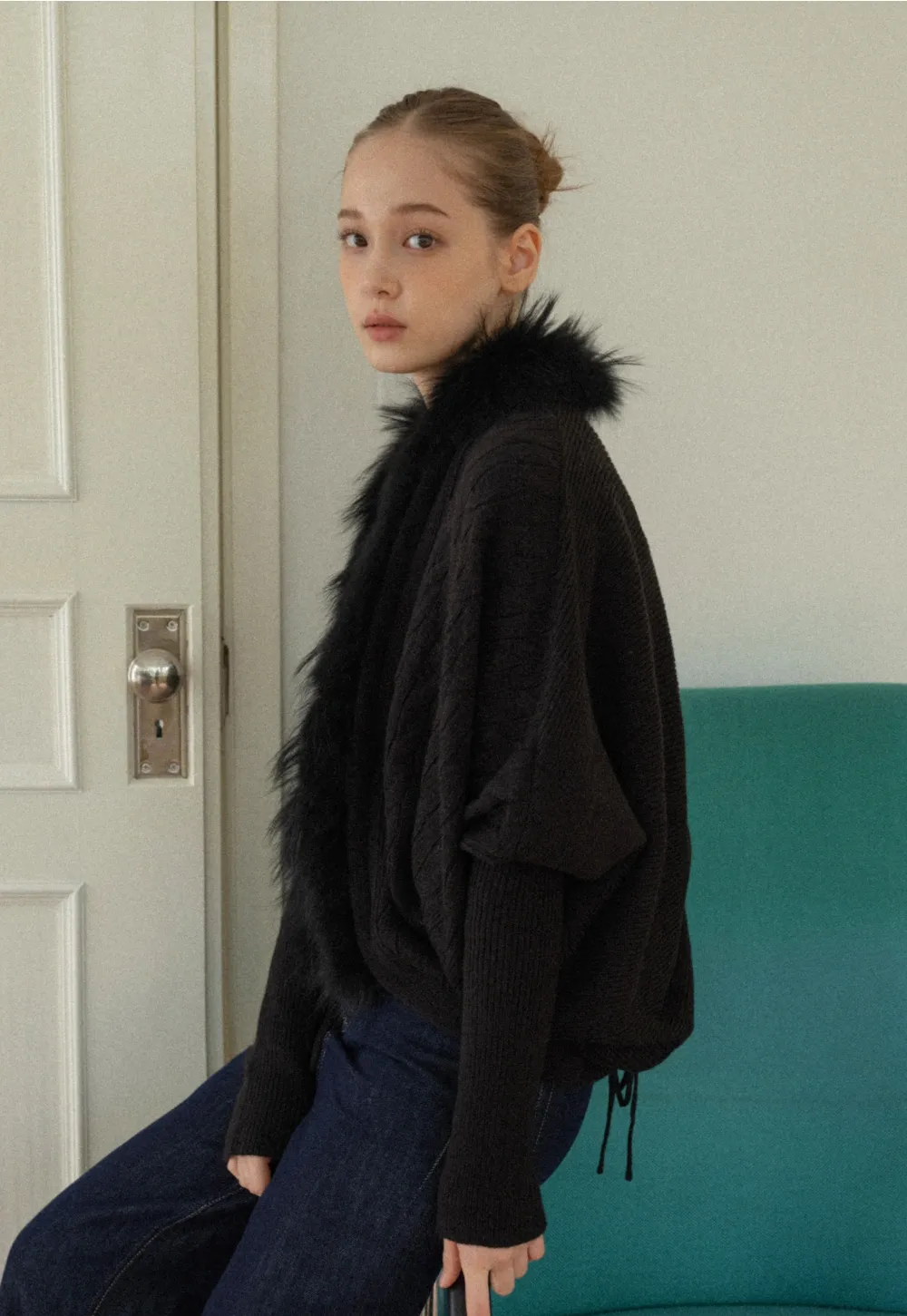 Faux Fur Collar Cable Knit Poncho Sweater for Women