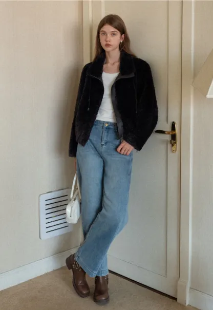 Wide-Leg Denim Jeans with Belt and Charm Detail