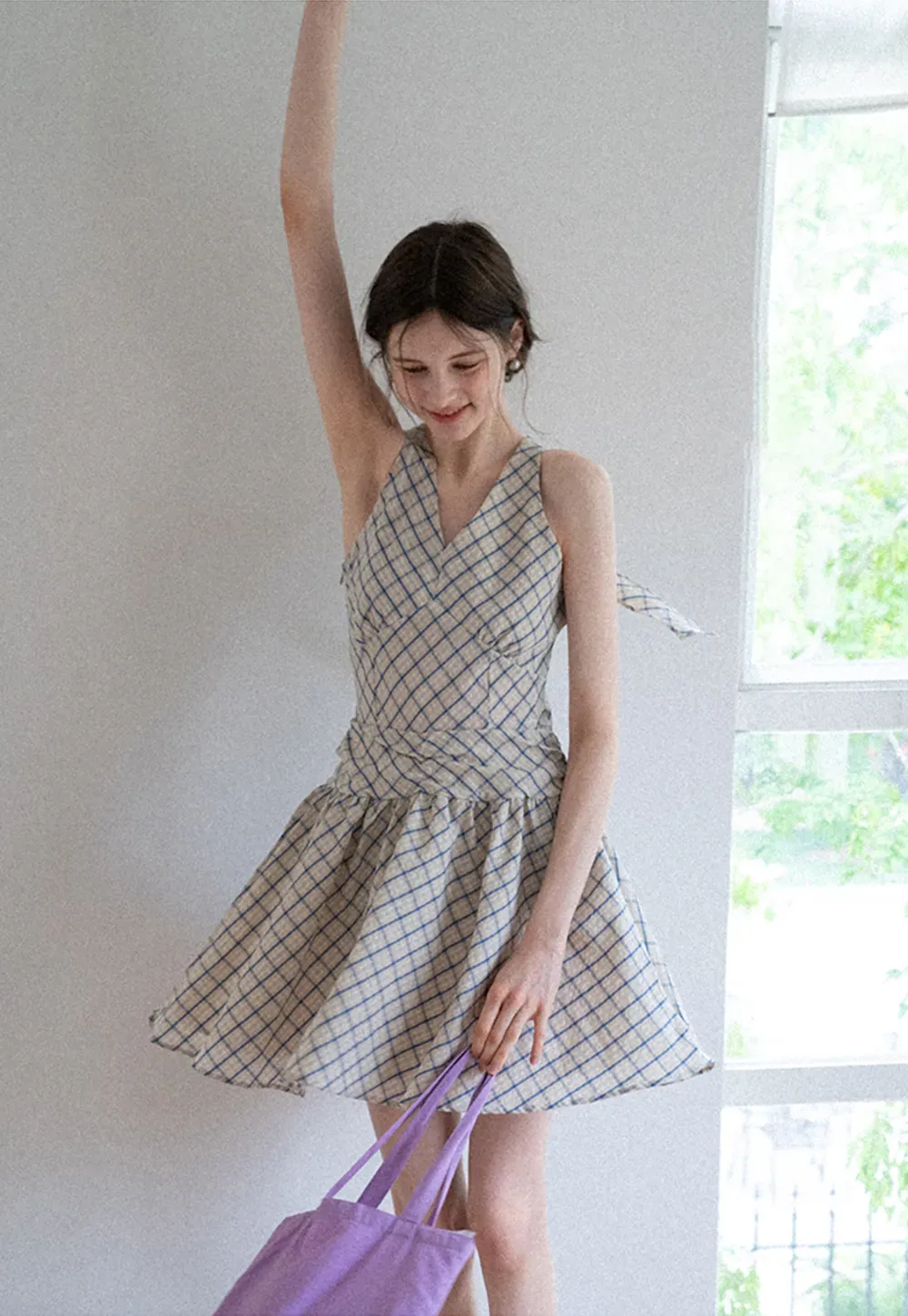Plaid Sleeveless Mini Dress with Tie Back