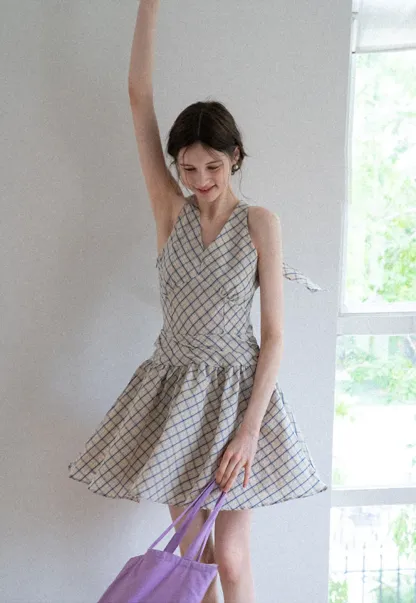 Plaid Sleeveless Mini Dress with Tie Back