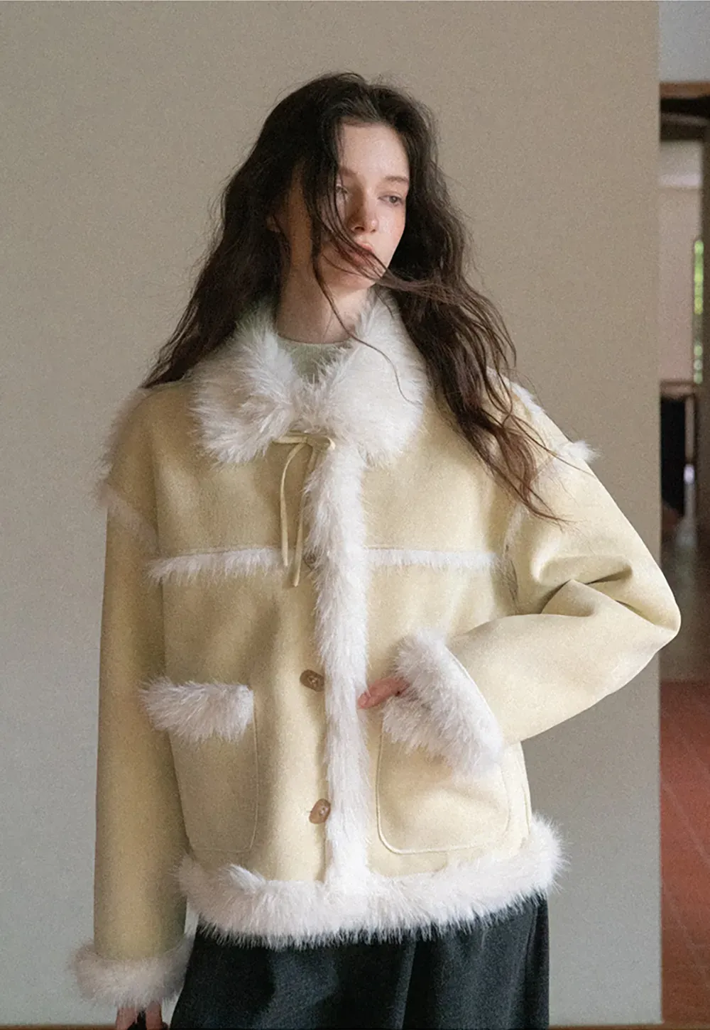 Faux Suede Jacket with Faux Fur Trim