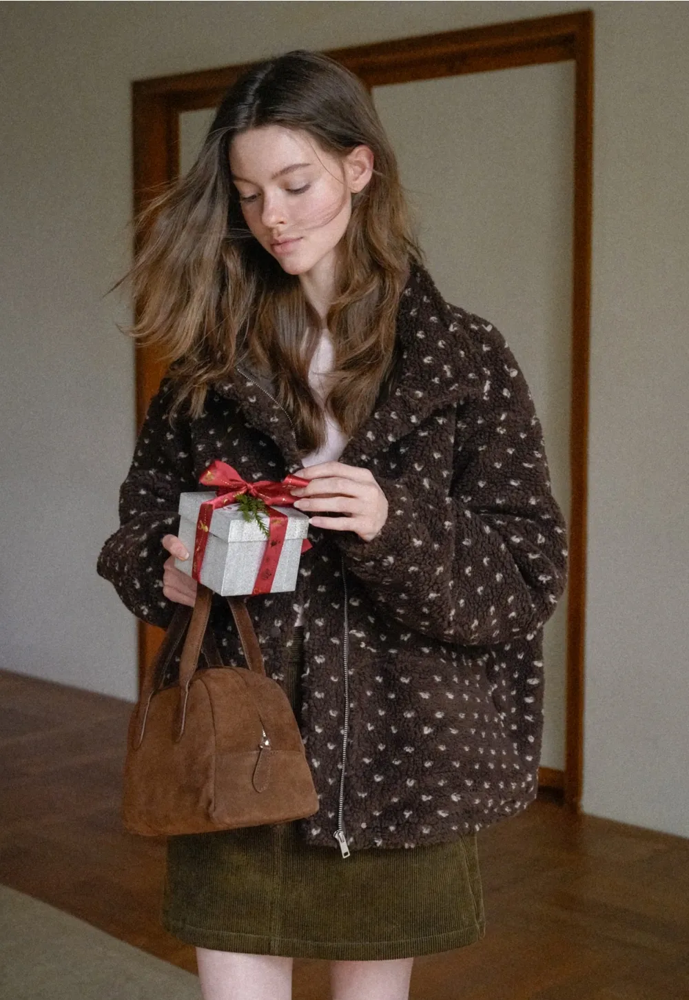 Women Cozy Fleece Jacket with Cute Heart Pattern