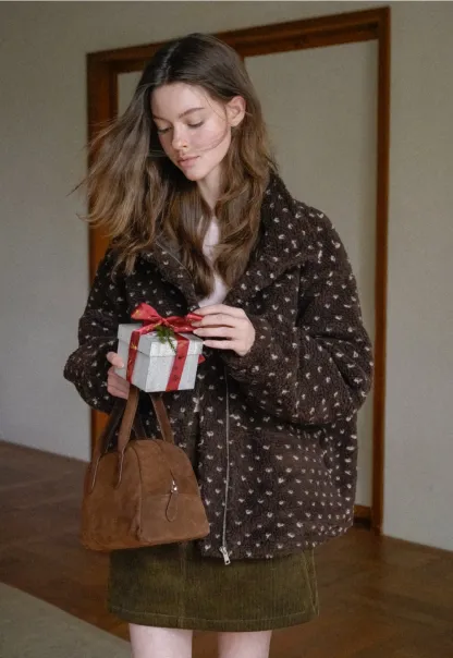 Women Cozy Fleece Jacket with Cute Heart Pattern