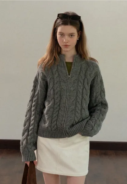 Stand-Collar Cable Zip Sweater