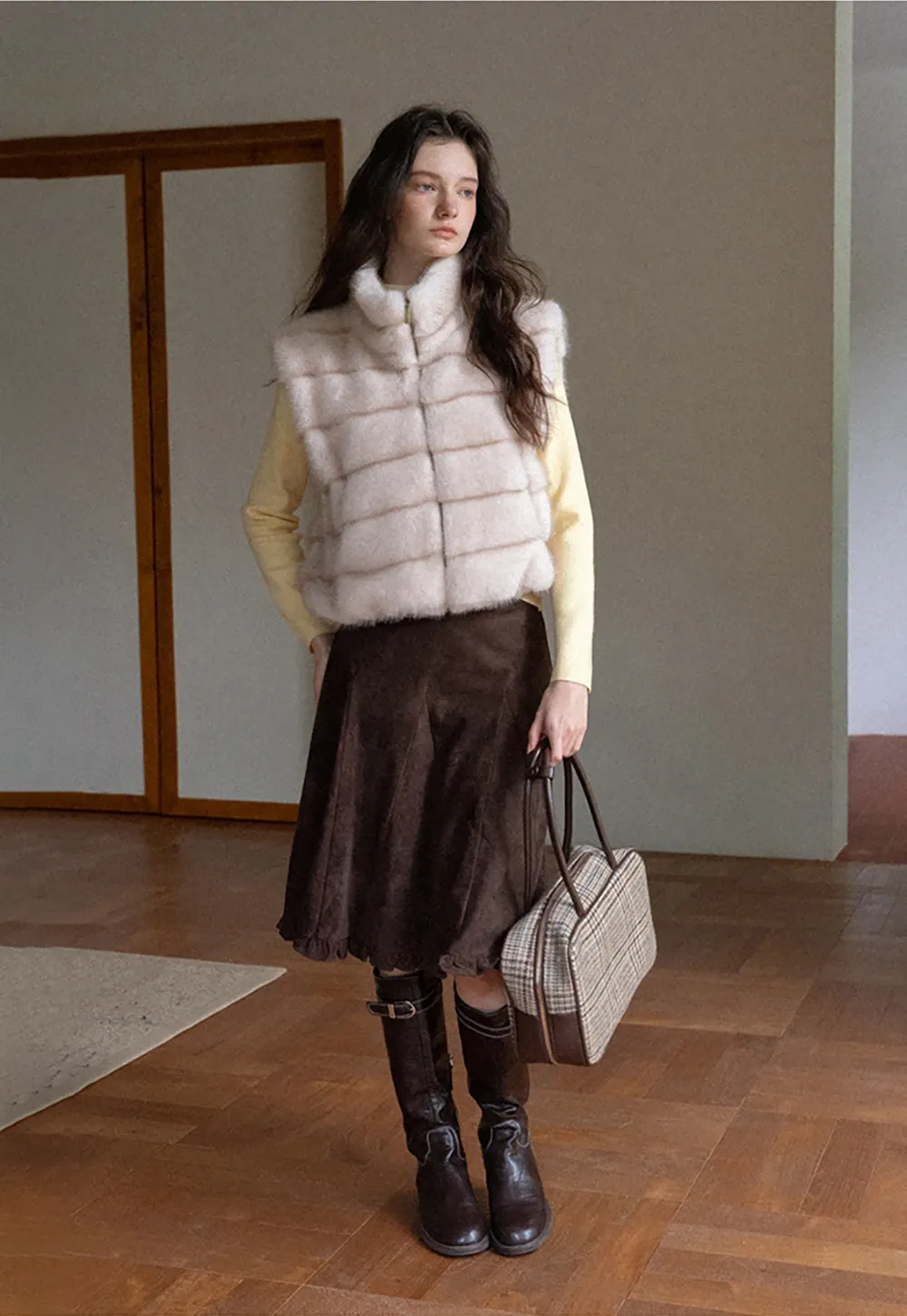 Layered Fuzzy Stand-Collar Vest