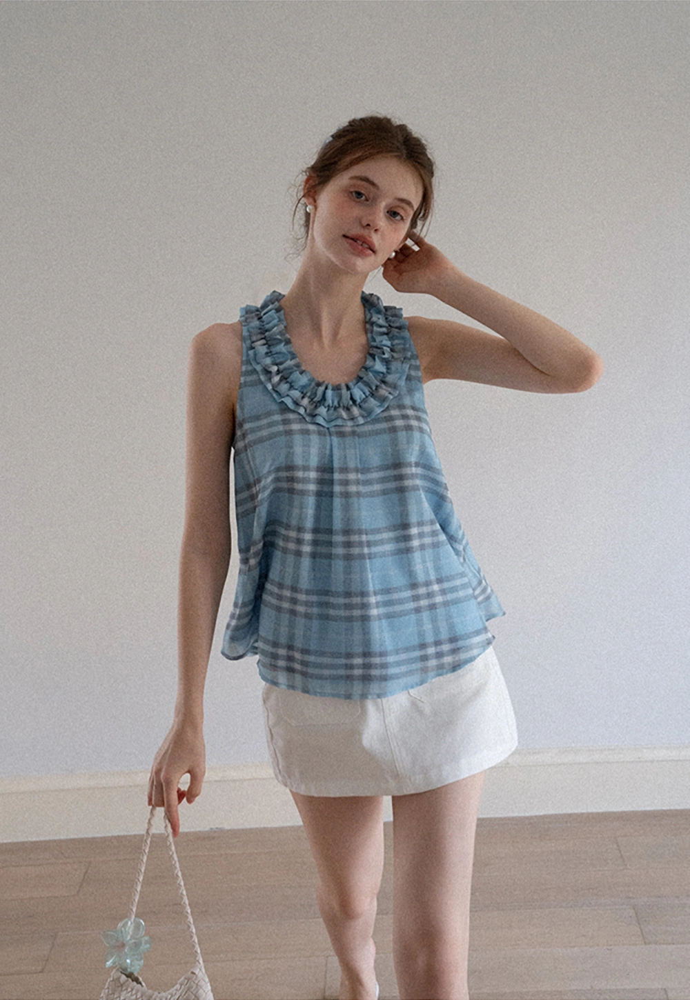 Women’s Ruffle Trim U-Neck Plaid Tank Top