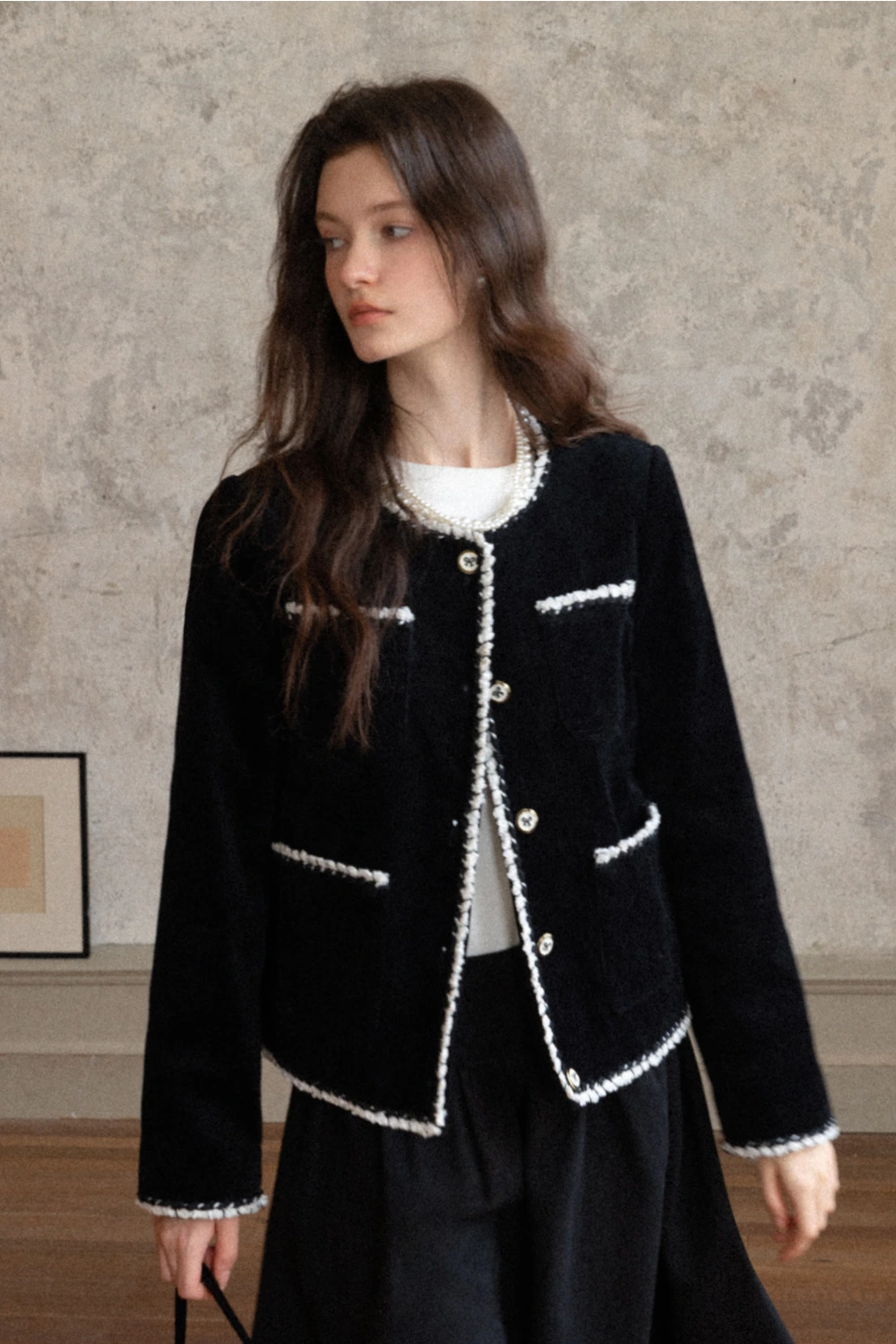 Womens Classic Contrast Trim Tweed Short Jacket