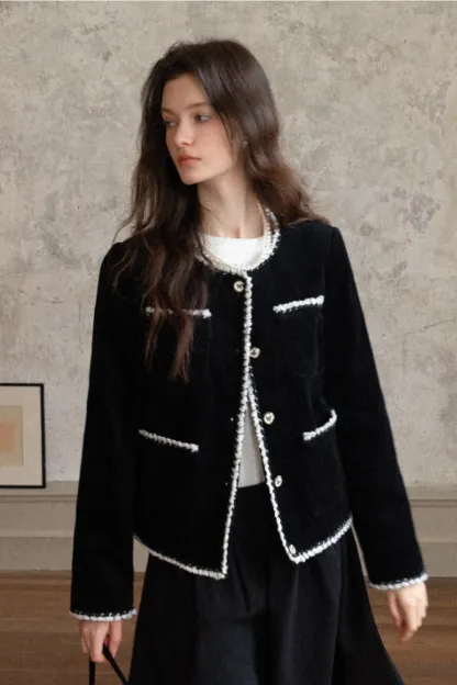 Womens Classic Contrast Trim Tweed Short Jacket