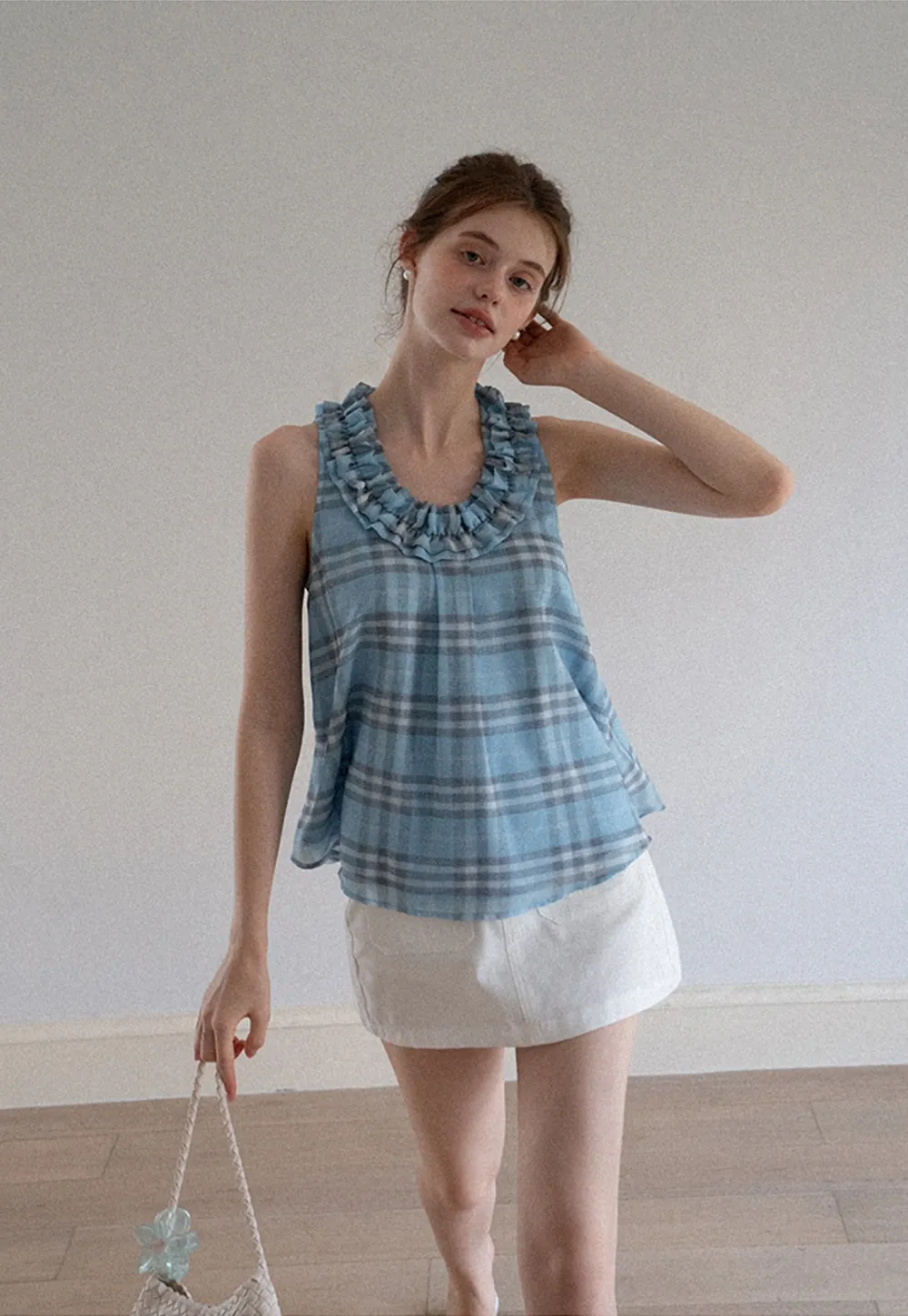 Women’s Ruffle Trim U-Neck Plaid Tank Top