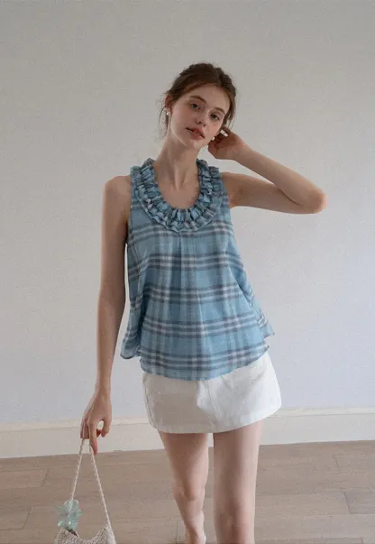Women’s Ruffle Trim U-Neck Plaid Tank Top