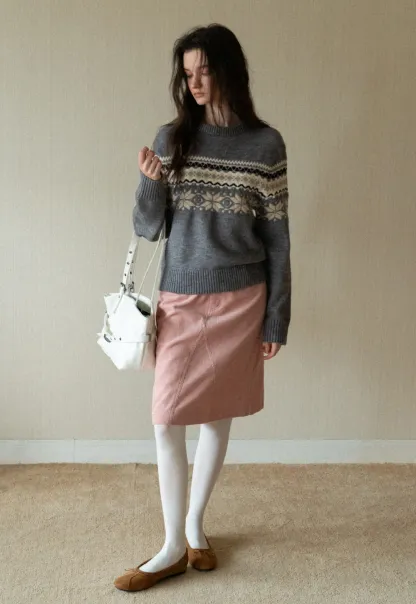 Gray Knit Sweater with Fair Isle Pattern