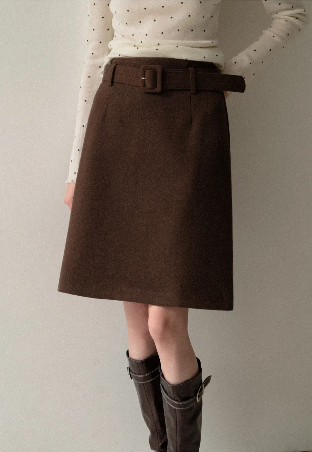 Wool Belted A-Line Mini Skirt in Charcoal