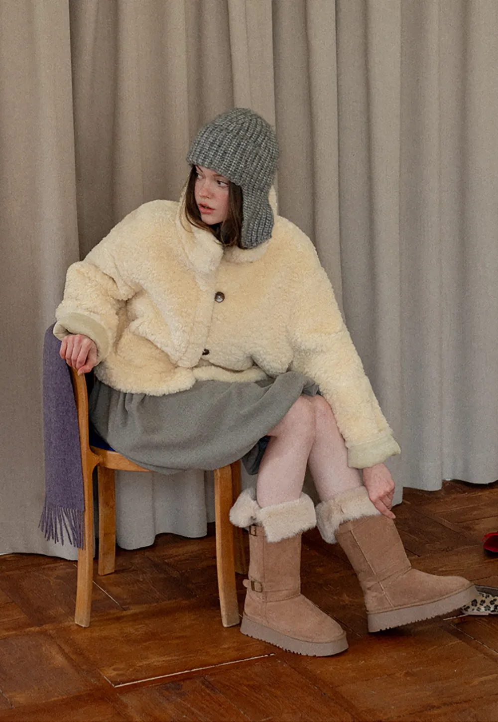 Ribbed High-Neck Sweater with Balloon Sleeves