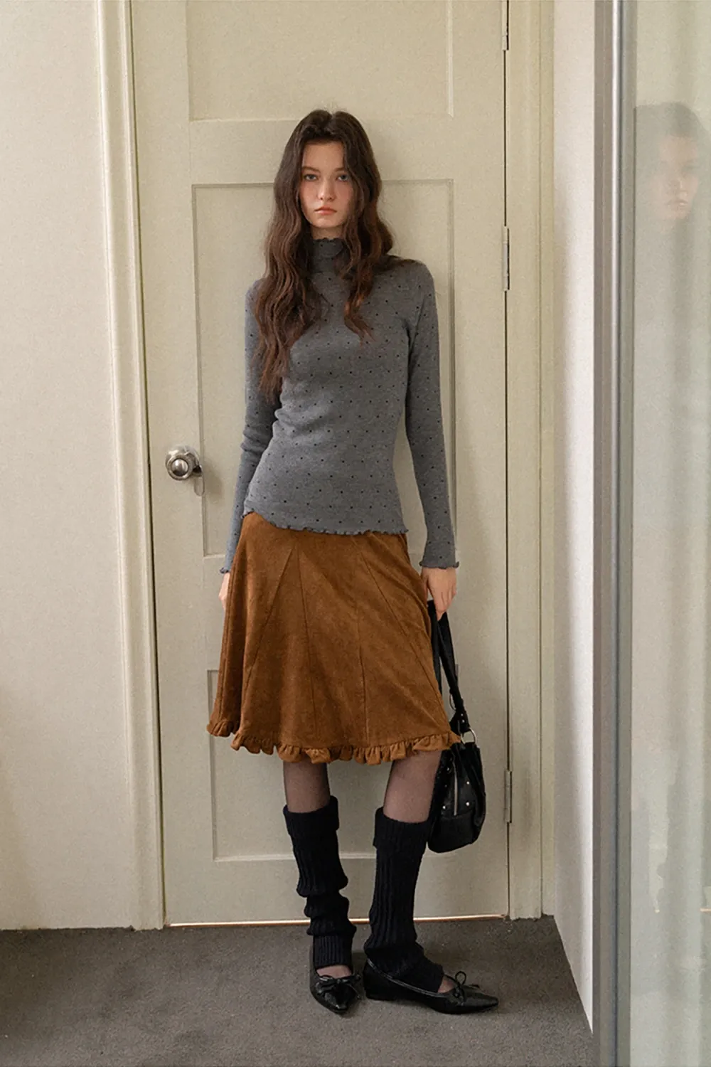 Polka Dot High Neck Ruffle Knit Top