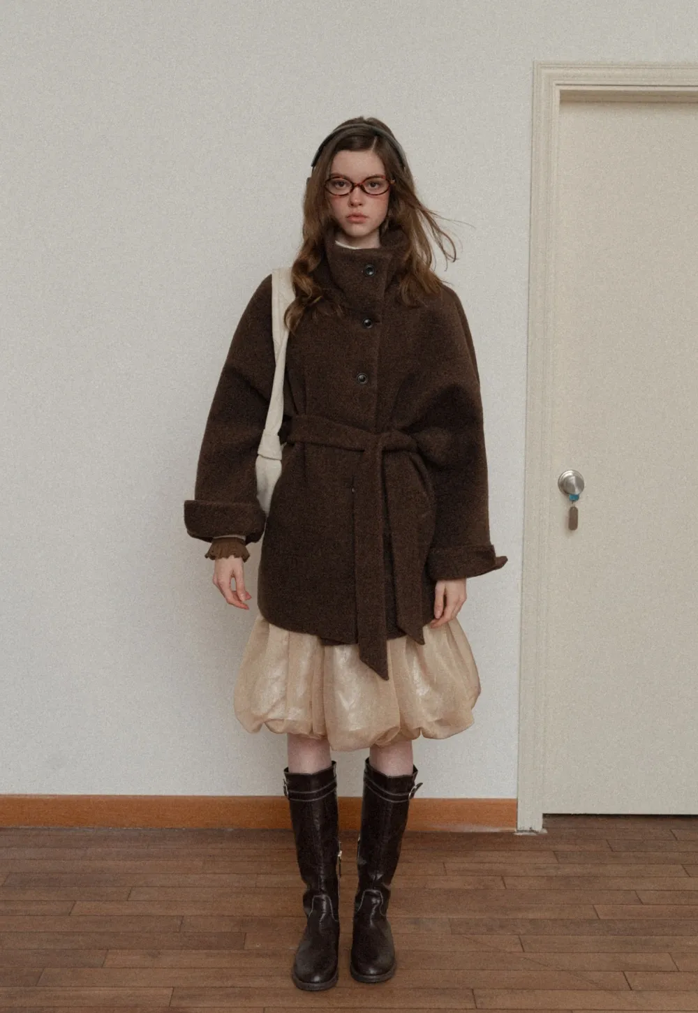 Winter Woolen Coat with Belt and Button Fastening