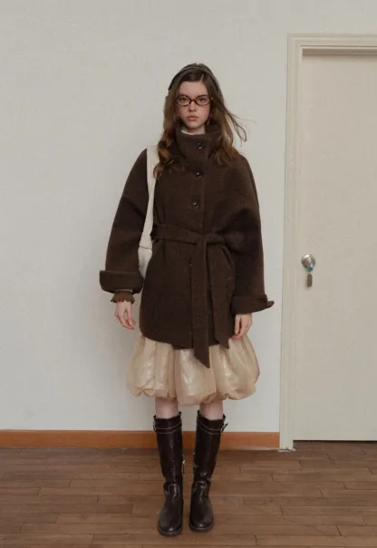 Winter Woolen Coat with Belt and Button Fastening