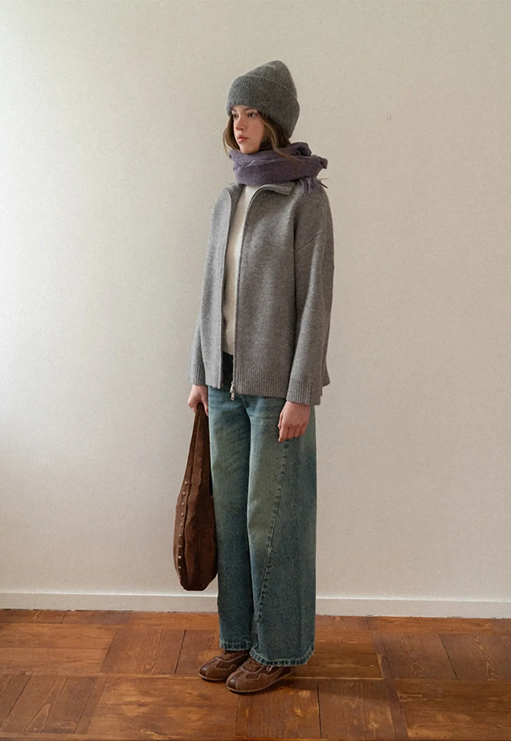 Women Grey Zip-Up Sweater with Ribbed Collar