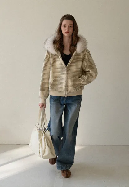 Women Striped Zip-Up Hoodie with Fur Collar