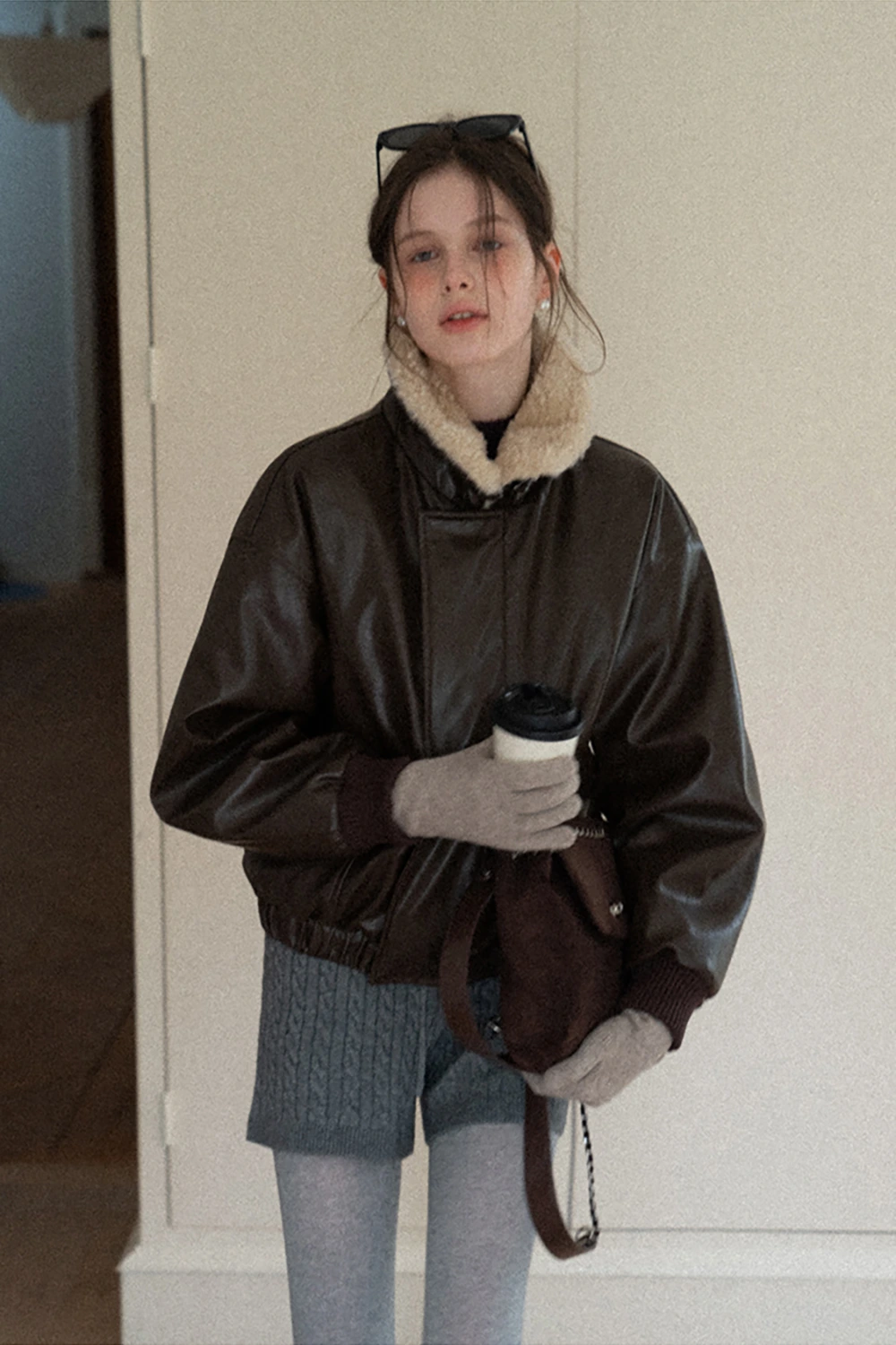 Faux Leather Bomber Jacket with Fur Collar