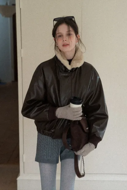 Faux Leather Bomber Jacket with Fur Collar