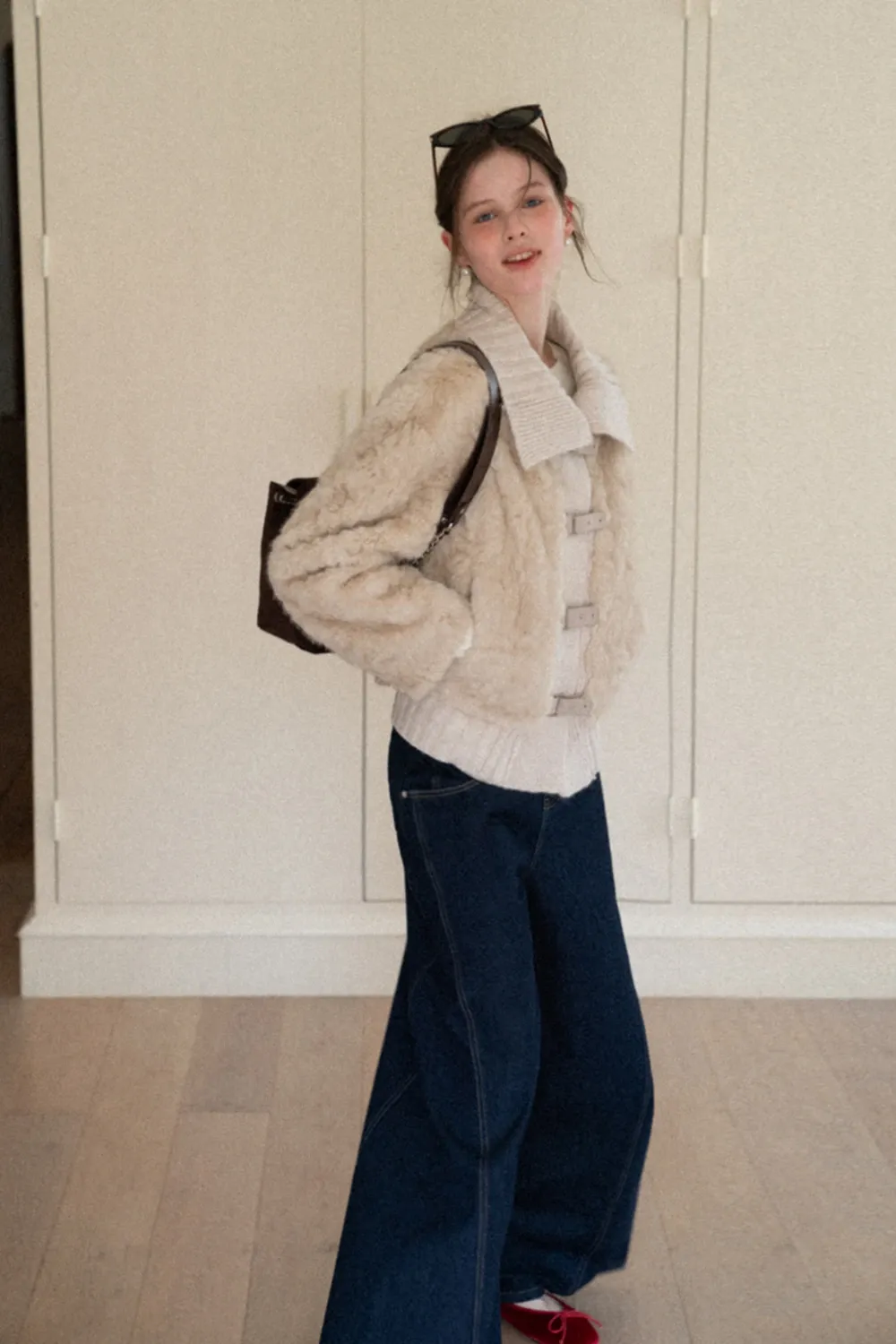 Collar Knit Patchwork Faux Shearling Coat