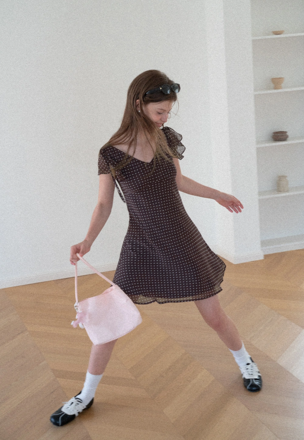 Polka Dot V Neck Tie Sleeve A Line Dress