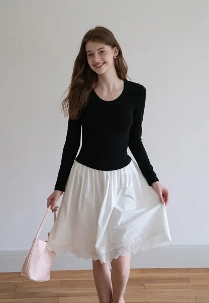 Women's High Waist A-Line Lace Hem Midi Skirt