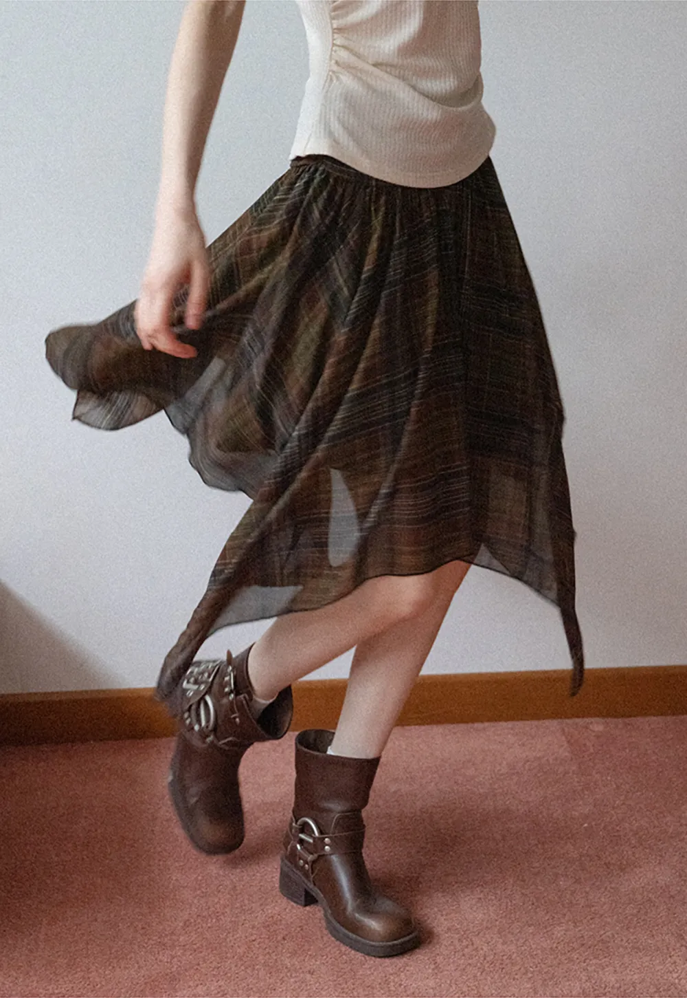 Women's Asymmetrical Plaid Midi Skirt 