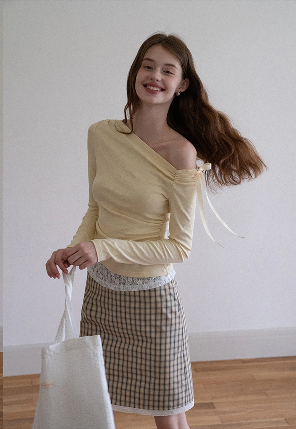 Women One Shoulder Tie Ruched Long Sleeve Off Shoulder Tee