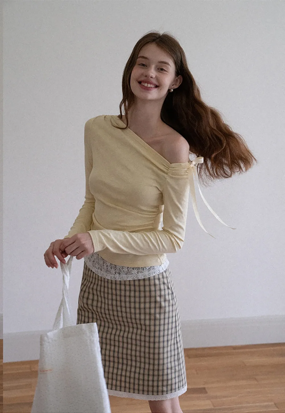 Women One Shoulder Tie Ruched Long Sleeve Off Shoulder Tee