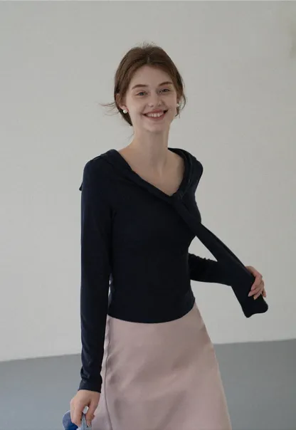 Off-shoulder Tie-detail Long Sleeve Knit Top