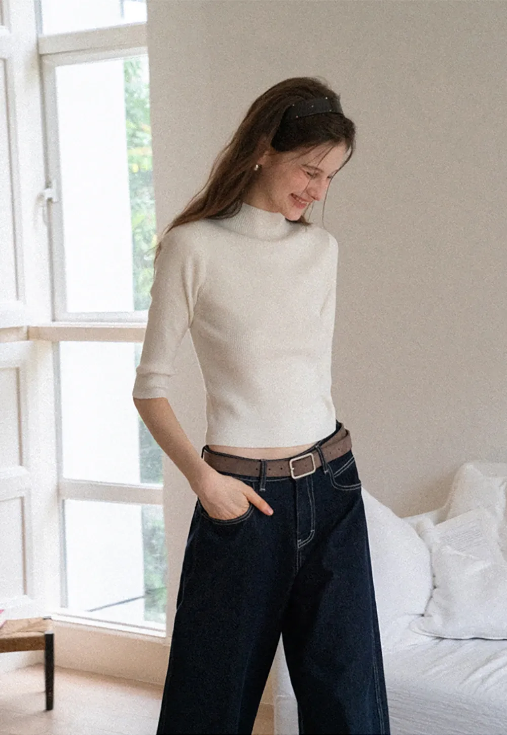 Women's Half Sleeve Mock Neck Knit Top