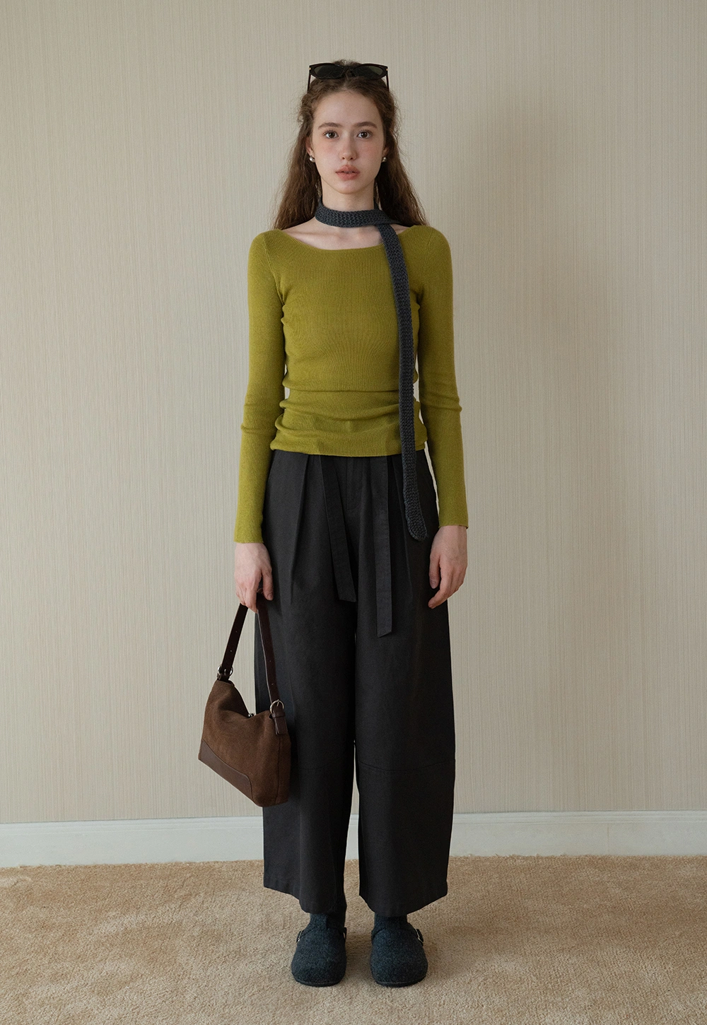 Womens High-Waist Wide-Leg Pants with Belt Detail