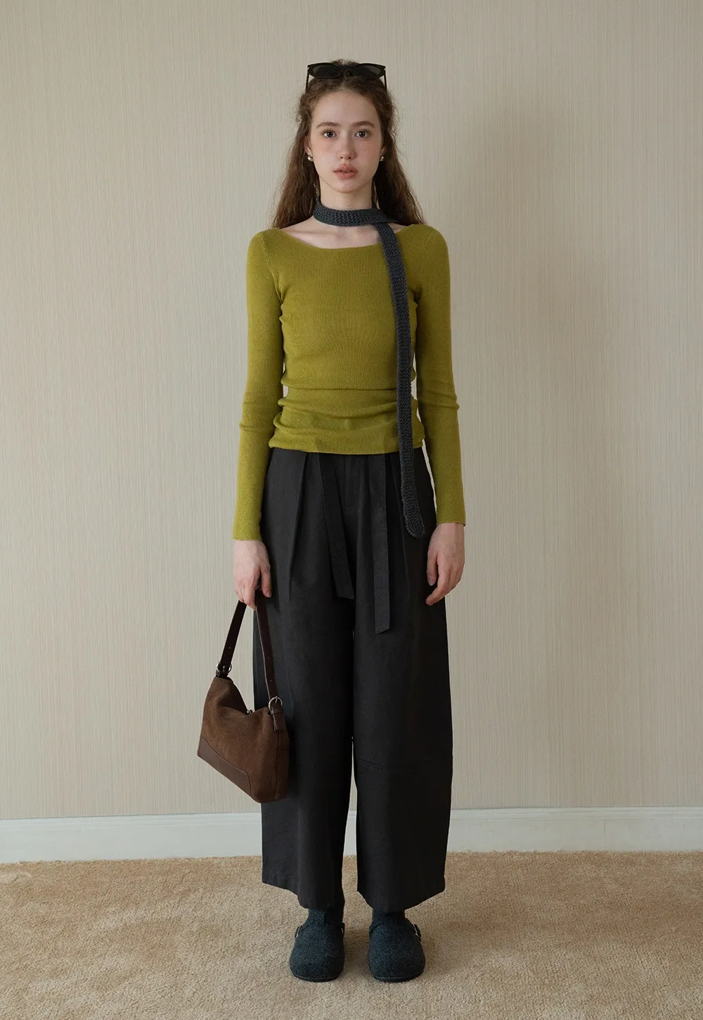 Womens High-Waist Wide-Leg Pants with Belt Detail