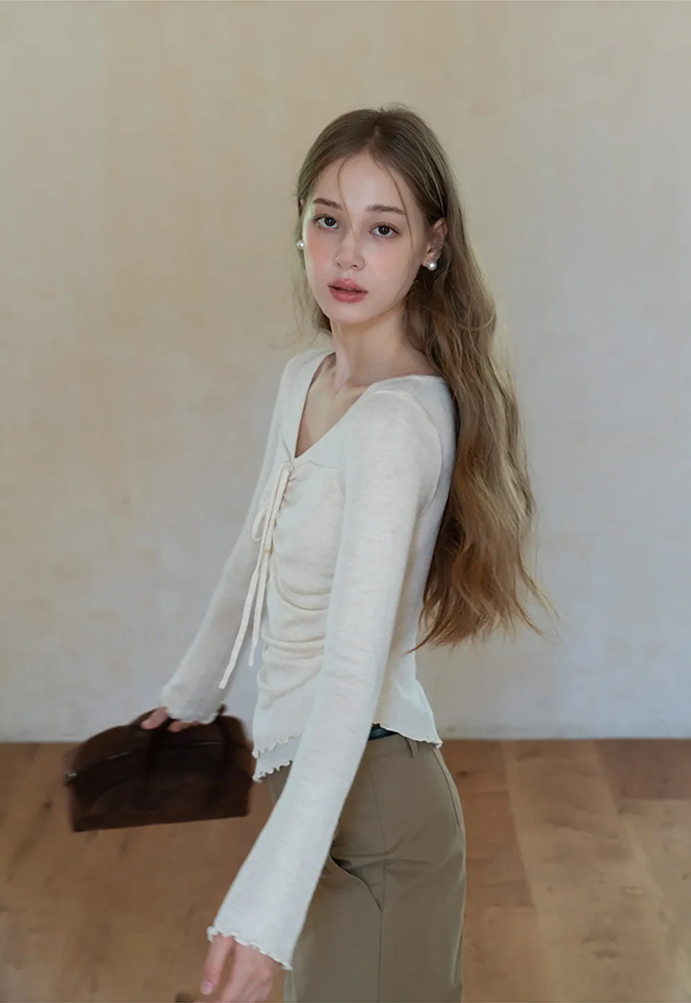 Ruched V Neck Long Sleeve Top