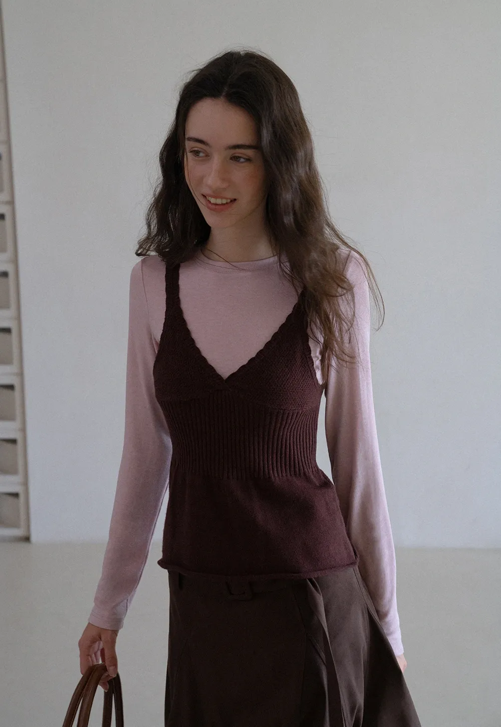 Womens 2 Piece Set Knit Cami Top with Long Sleeve Tee