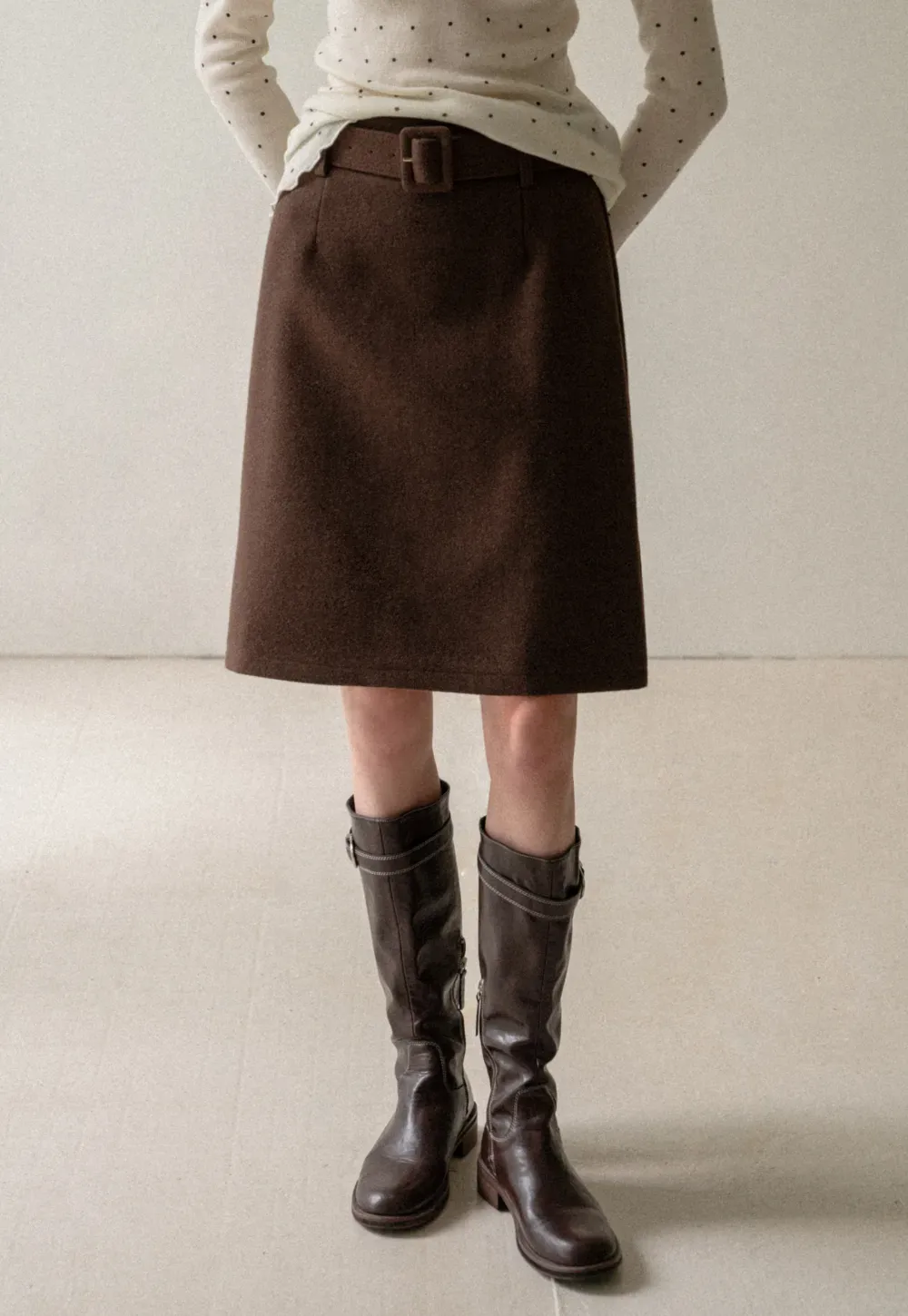 Wool Belted A-Line Mini Skirt in Charcoal