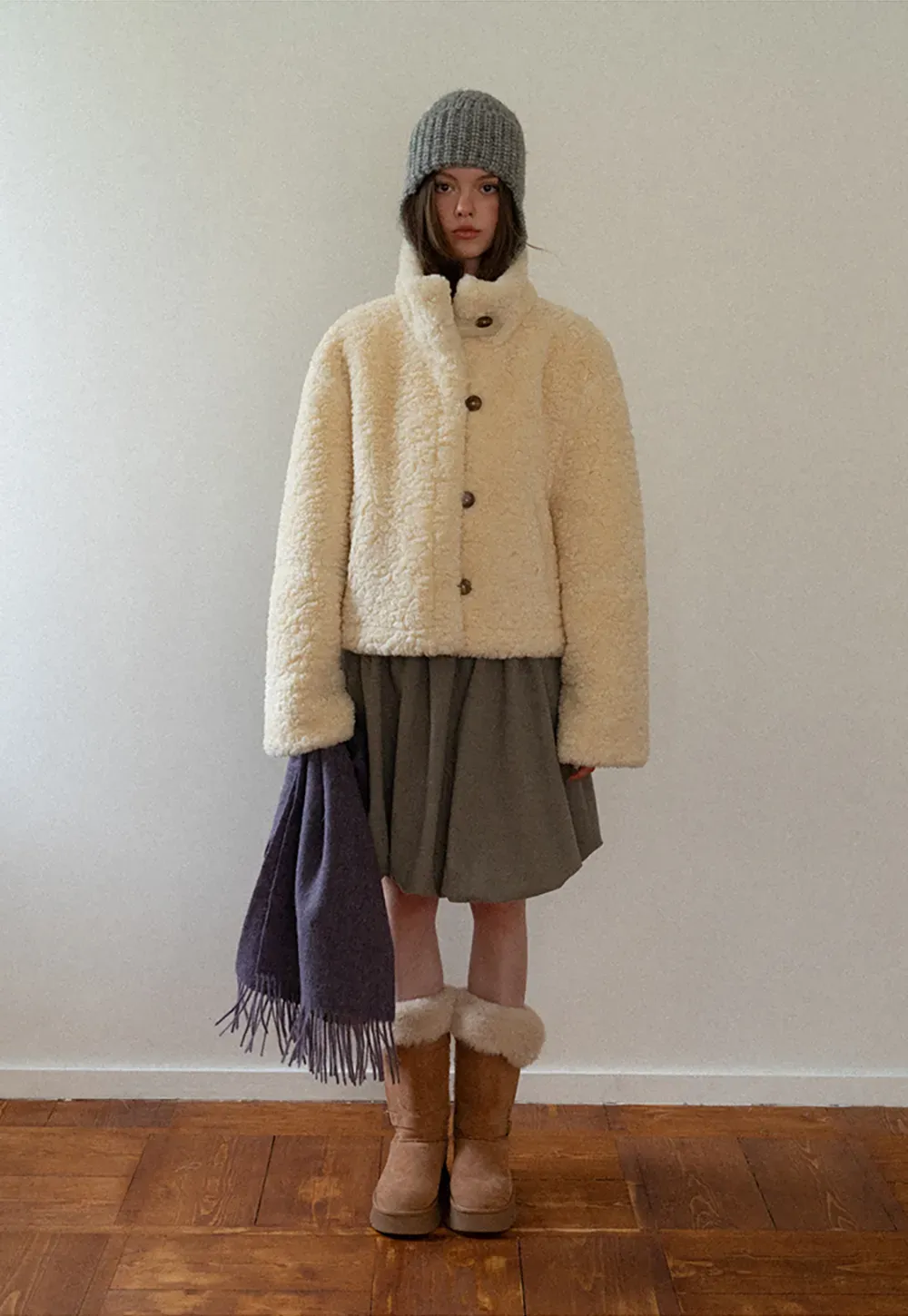 Ribbed High-Neck Sweater with Balloon Sleeves