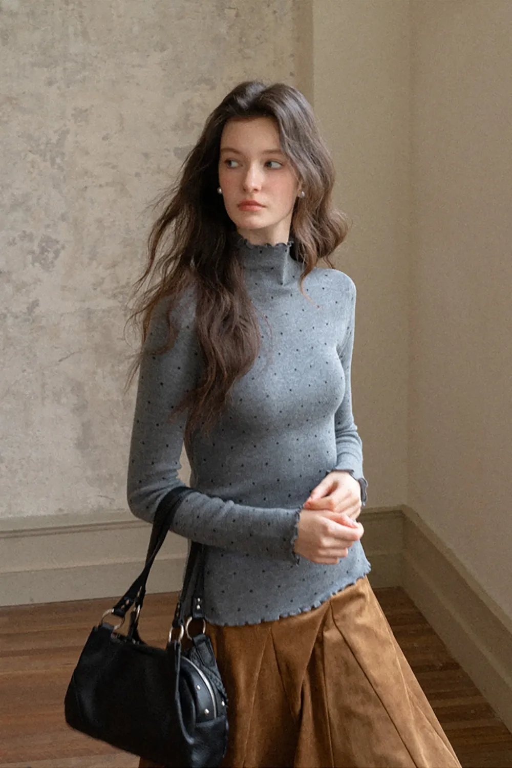 Polka Dot High Neck Ruffle Knit Top