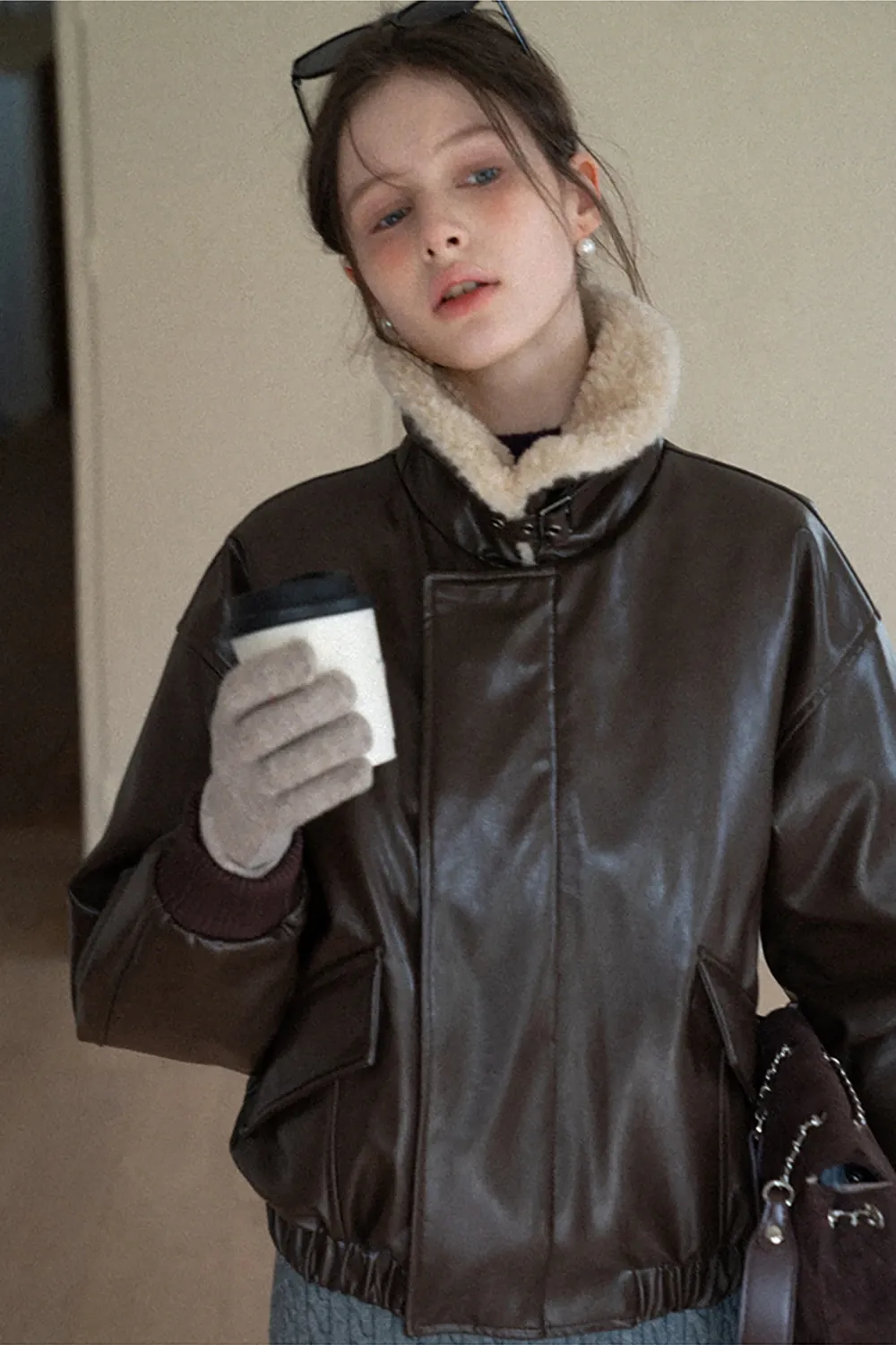 Faux Leather Bomber Jacket with Fur Collar