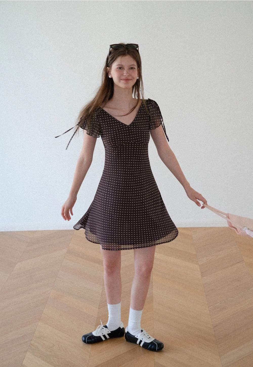 Polka Dot V Neck Tie Sleeve A Line Dress