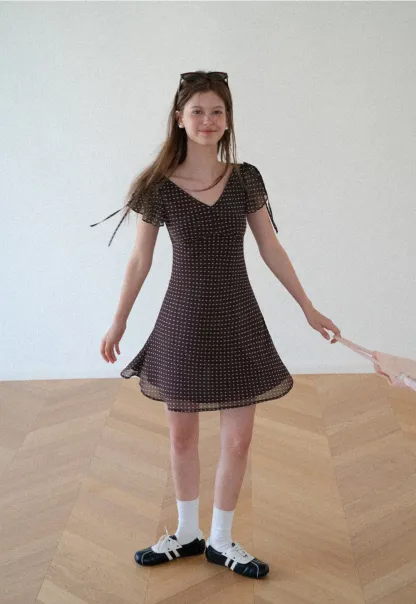 Polka Dot V Neck Tie Sleeve A Line Dress