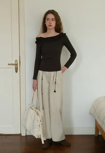 Wide-Leg Pants with Beaded Tassel Detail