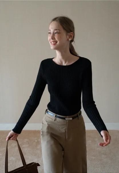 Womens Ribbed Crew Neck Long Sleeve Knit Top