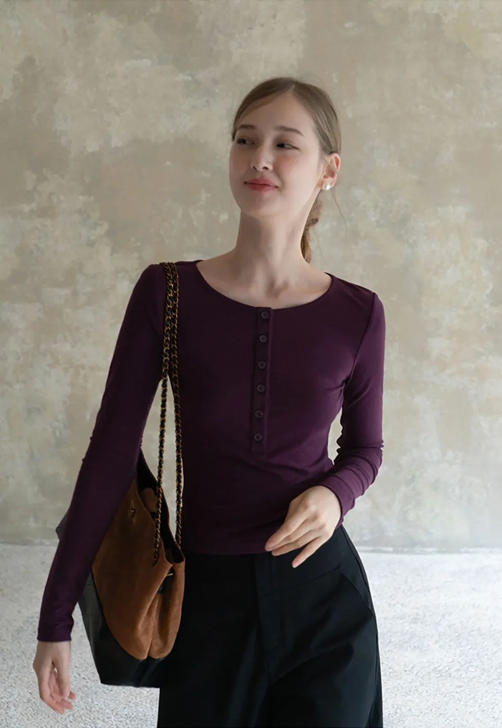 Womens Button Front Long Sleeve Henley Top